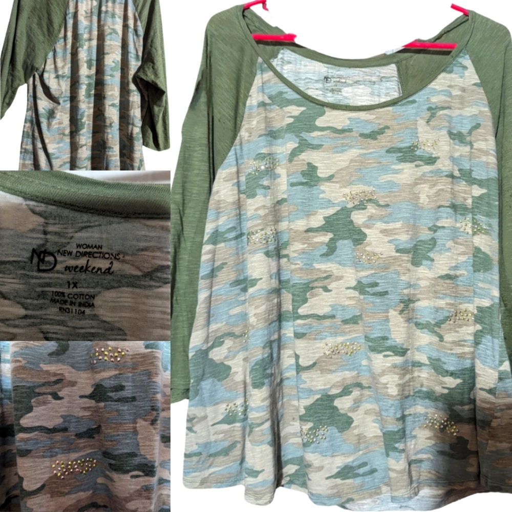 New Directions Weekend, Size 1X, Camo with a lil bling on front, 3/4 Sleeve